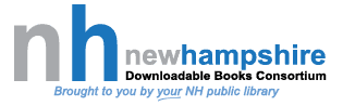 Logo for the New Hampshire Downloadable Books Consortium, featuring large lowercase letters nh in gray and blue, with text reading new hampshire Downloadable Books Consortium and a note about public library support.