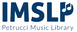 IMSLP Petrucci Music Library logo, with the acronym IMSLP in large blue letters and the words Petrucci Music Library below. The letter P has two musical notes incorporated into its design.
