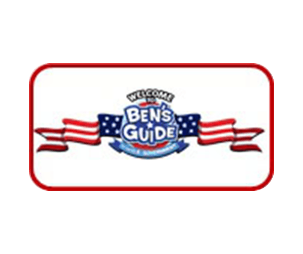 Logo with the text Welcome to Bens Guide against a background of a waving American flag and red borders.