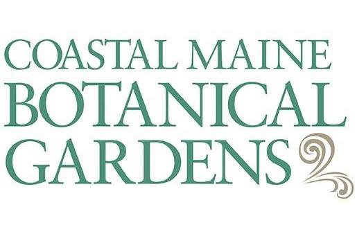 The logo reads Coastal Maine Botanical Gardens in green capital letters, with a decorative swirling leaf design on the lower right side.