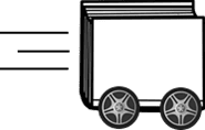 A black and white drawing of a book with wheels, resembling a car, with motion lines suggesting speed or movement to the left.