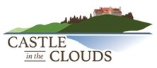 Logo featuring a large house or castle on a green hill above a reflective blue surface, with the text “Castle in the Clouds” below the illustration.