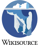 A blue and white iceberg floats in water, showing a small portion above and a larger portion below the surface, inside a circular frame. The word WIKISOURCE is written below the image.