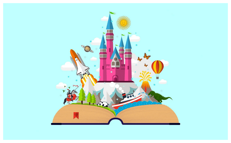 An open book with colorful illustrations emerging: a pink castle, rocket, ship, hot air balloon, knight, dragon, panda, planets, sun, clouds, and butterflies, symbolizing imagination and adventure.