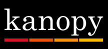 Kanopy logo with the word kanopy in white lowercase letters on a black background, above four horizontal stripes in red, orange, and yellow shades.