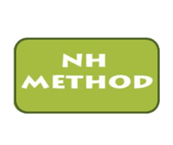 A green rectangle with rounded corners contains the white, bold text NH METHOD in a playful, all-caps font, centered on the background.