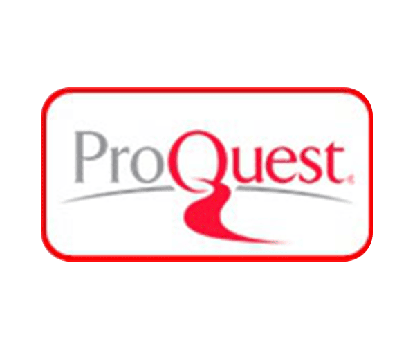 The image shows the ProQuest logo with Pro in gray and Quest in red. The Q features a red path flowing downward. The logo is inside a rounded rectangle with a red border on a white background.