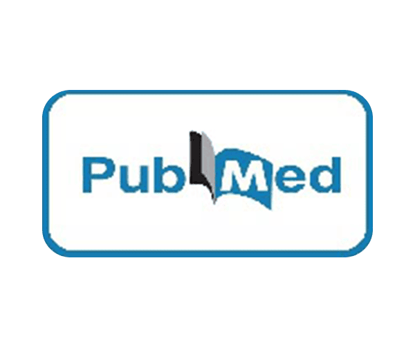 The PubMed logo, featuring the word PubMed with the letter M styled as an open book, is displayed inside a rounded rectangular border on a white background.