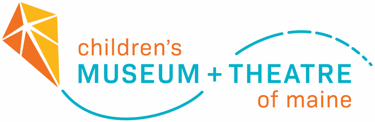 Logo for the Children’s Museum & Theatre of Maine featuring an orange geometric kite on the left and colorful text with curved blue and dashed lines surrounding the words.